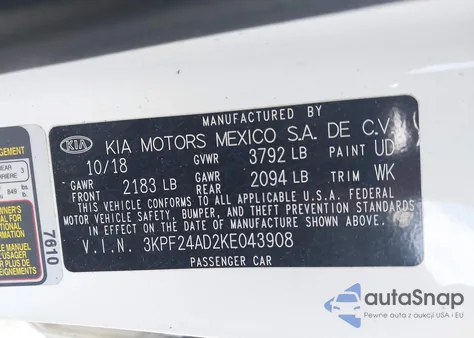 2019 Kia Forte Lxs z USA, uszkodzony, nr VIN 3KPF24AD2KE043908